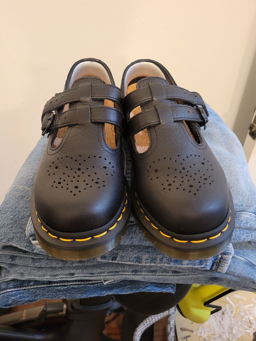 Doc Martens Black Mary Jane Shoes with Yellow Stitching